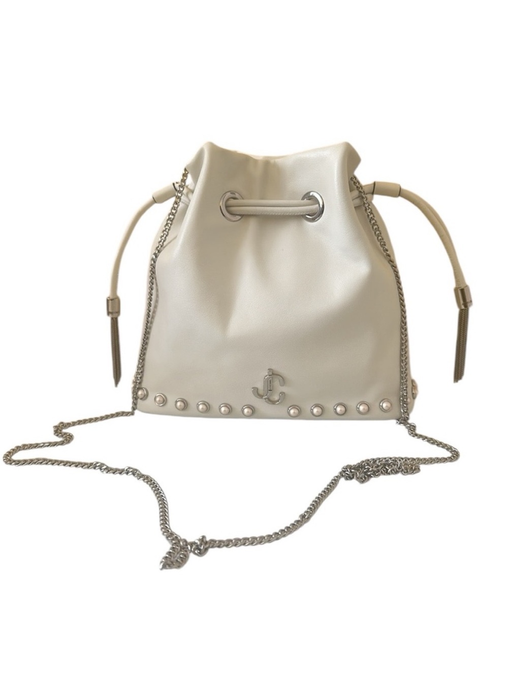 Jimmy Choo Marcheline Pearl Milk White Leather Small Drawstring Bucket Crossbody